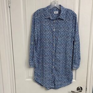 SIGRID OLSEN Linen Blend Blue Patterned Top